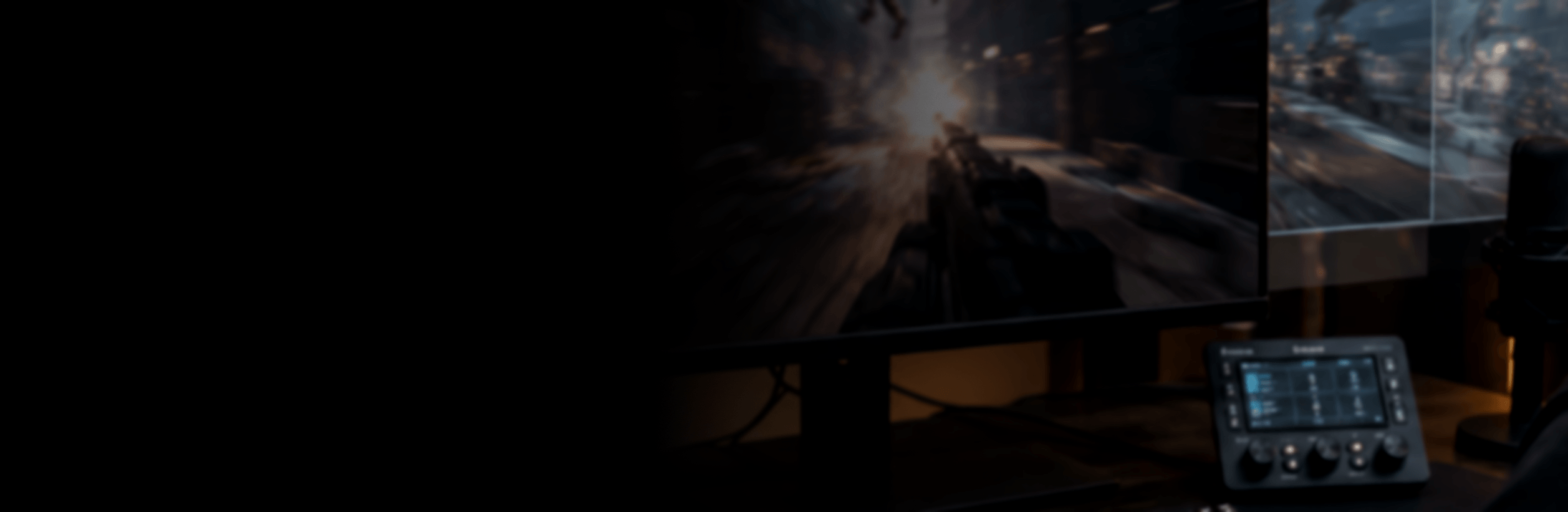 Wide gaming desk scene showing a hotkey press that saves a rolling 1080p 60 FPS replay buffer.