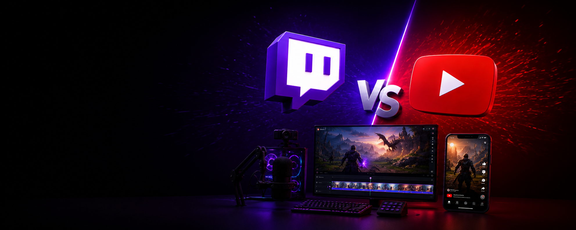 Streamer at a gaming desk with visual cues for automatic highlights, voice-triggered clipping and a local replay buffer.