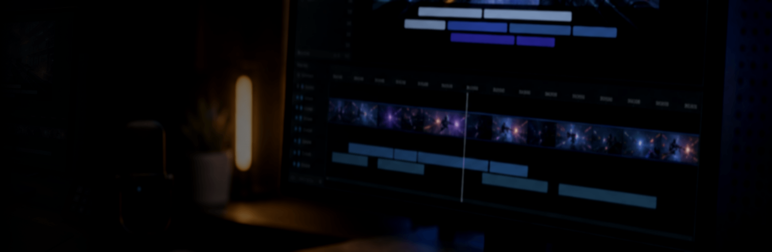 Wide creator workstation scene showing caption timing edits on a short gameplay clip.