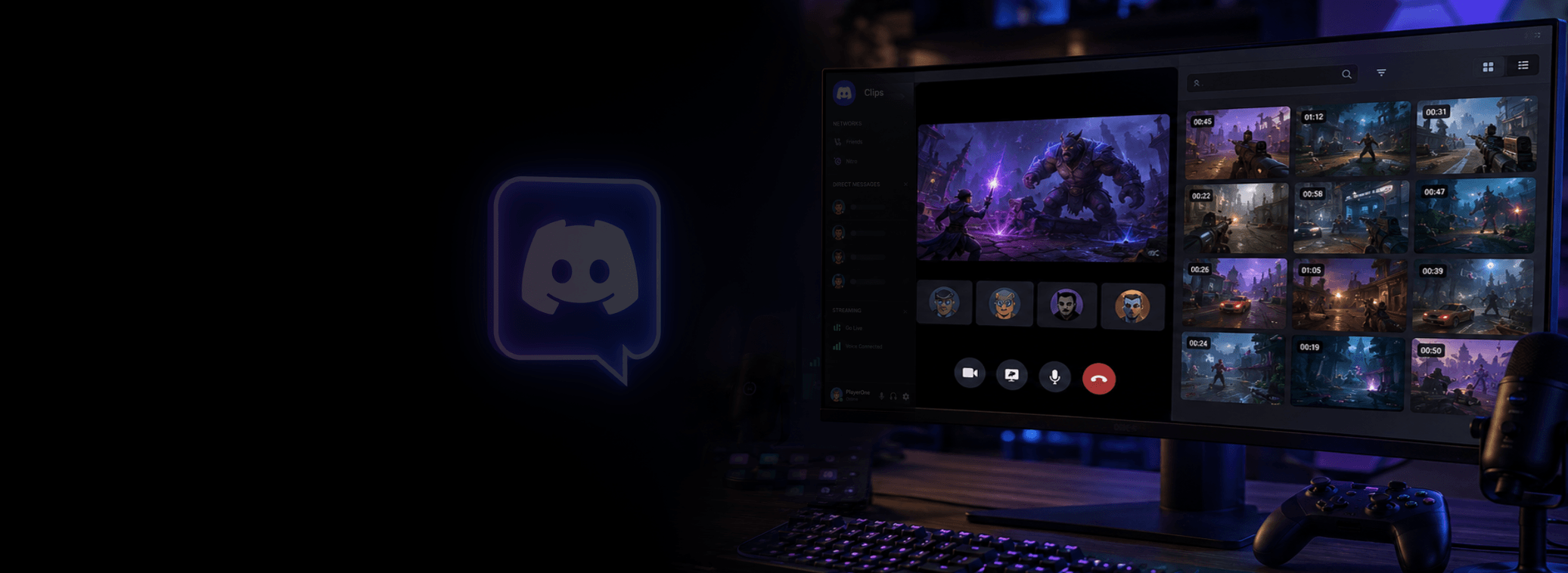 Gaming creator setup showing a social game stream becoming a locally saved clip for editing and publishing.