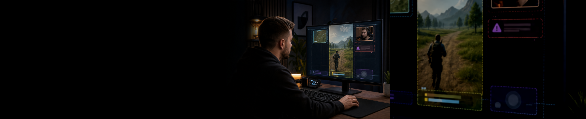 Ultra-wide creator editing scene with guides placing captions and facecam around protected gameplay HUD areas.