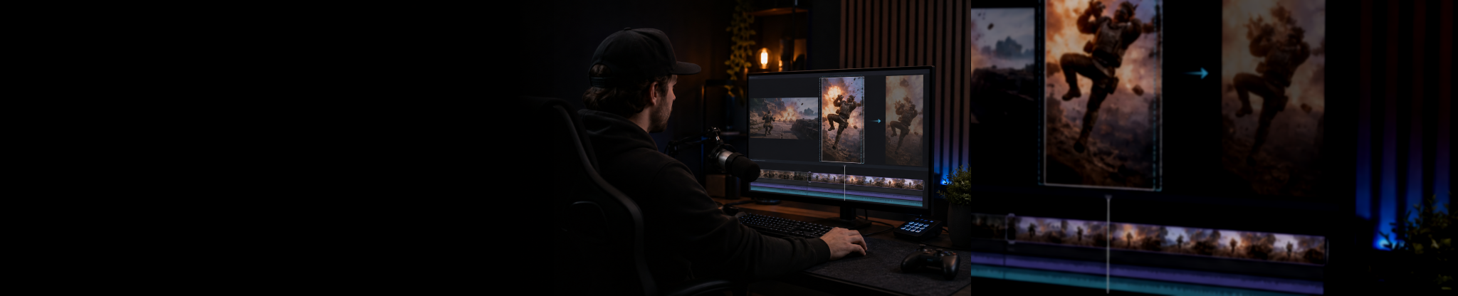 Ultra-wide creator workstation scene showing a gameplay highlight being reframed into a vertical short.