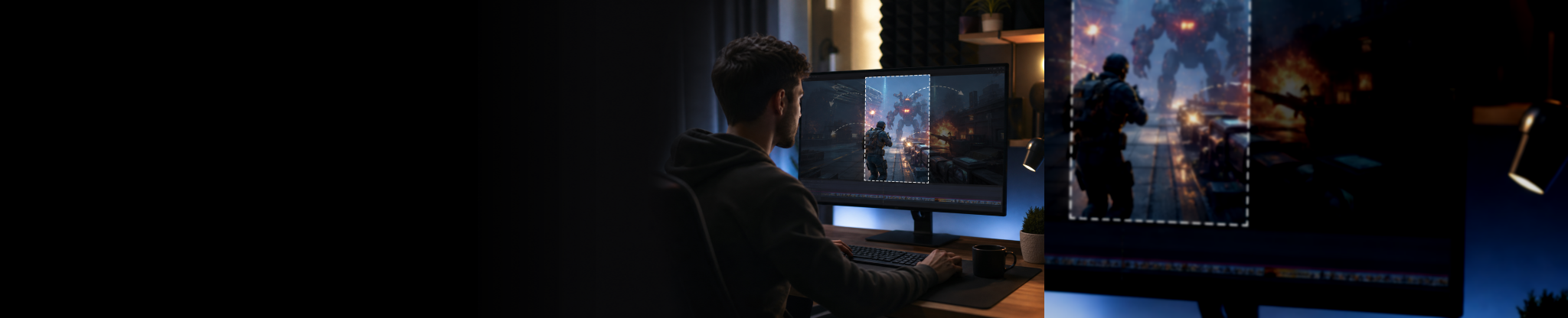 Wide banner showing a creator framing a fast gameplay highlight for a vertical video without losing the on-screen action.