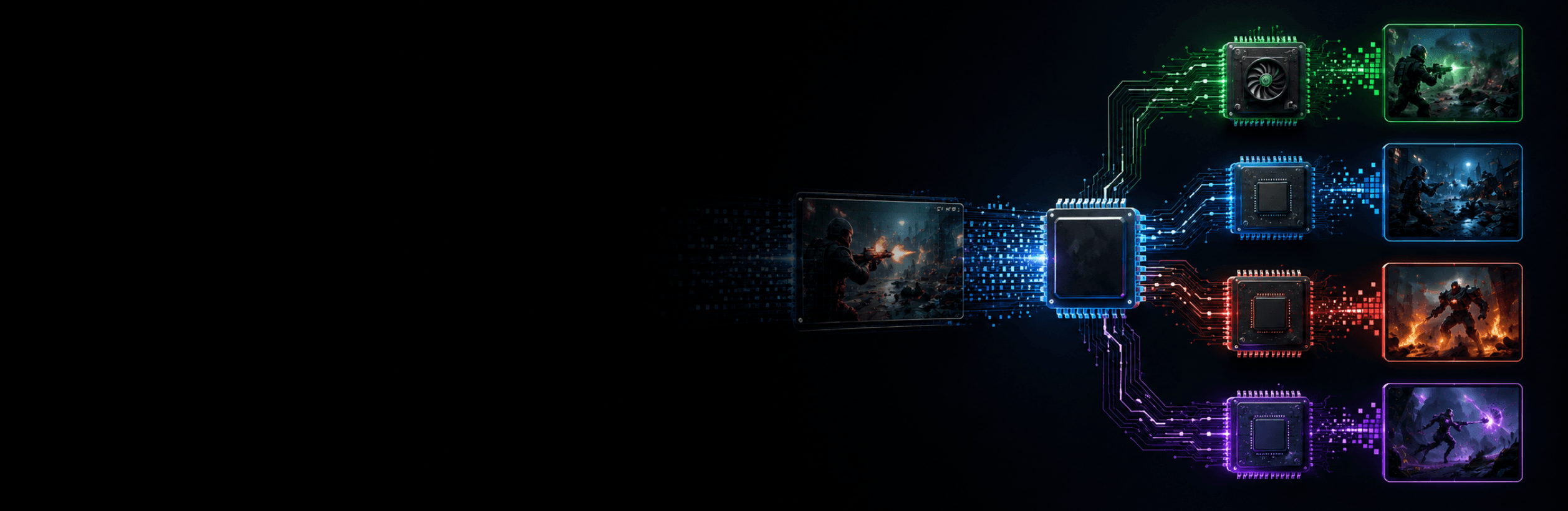 Creator workstation illustrating hardware and software video encoding paths with a dark gradient on the left.