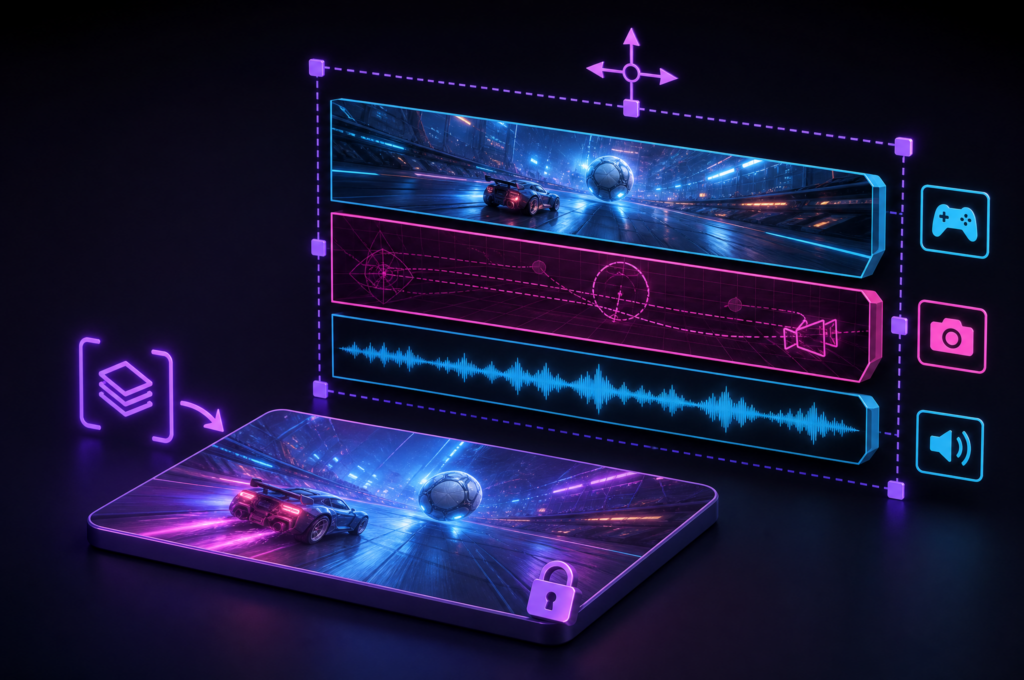 A finished replay clip in front of separate gameplay, camera and audio sources that can be adjusted independently.