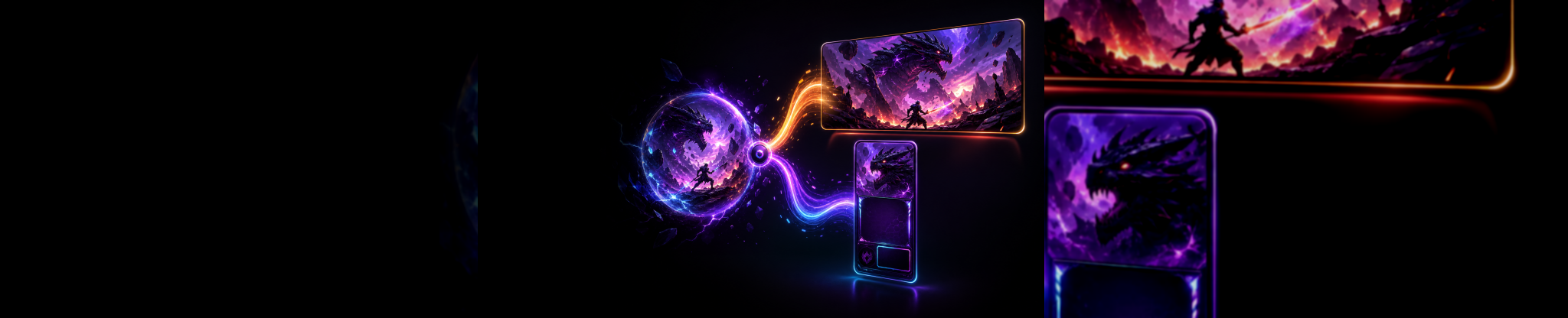Wide stylized banner showing one gameplay signal becoming separate horizontal and vertical video captures.