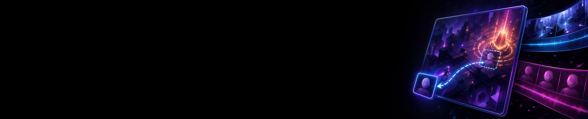 Wide stylized banner showing a facecam tile being moved independently across a gameplay video composition.