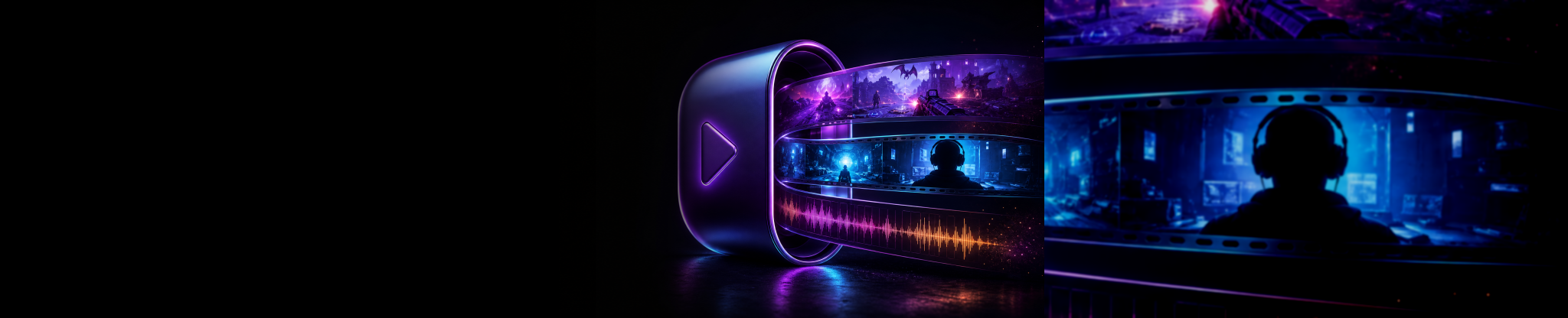 Wide stylized gaming clip capsule opening to reveal aligned editable source layers against a dark background.