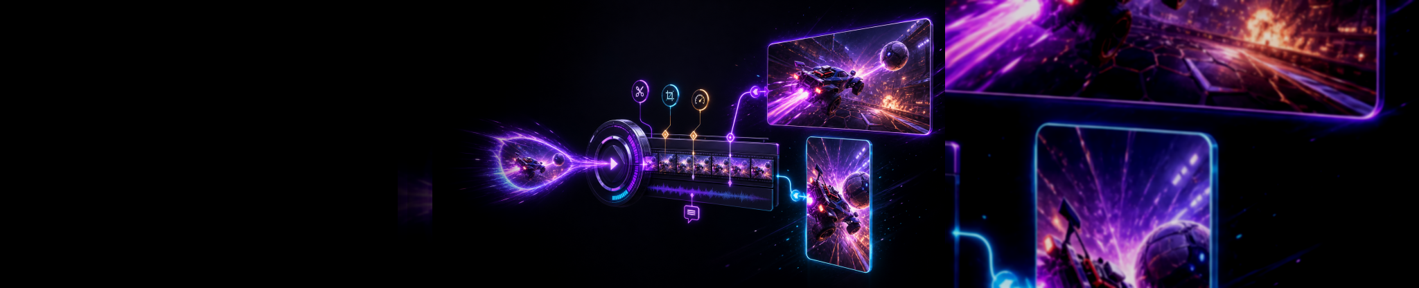 Wide stylised banner of one gaming clip edit feeding linked horizontal and vertical video versions.