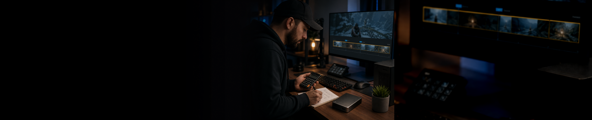 Ultra-wide creator workstation illustrating short replay clips being stored on a local drive.