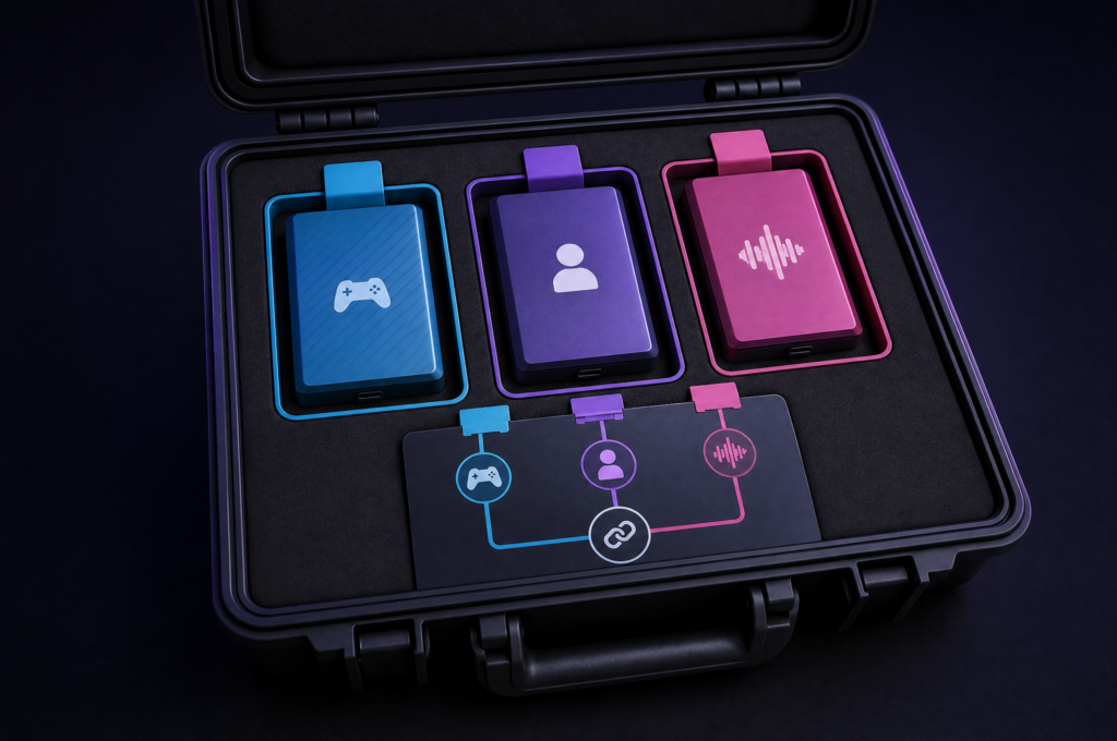Stylized replay package containing separate gameplay, camera and audio sources connected by a capture manifest.