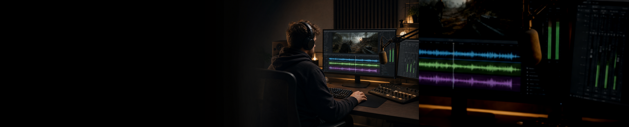 Microphone, headset and separate audio waveform paths at a gaming capture workstation.